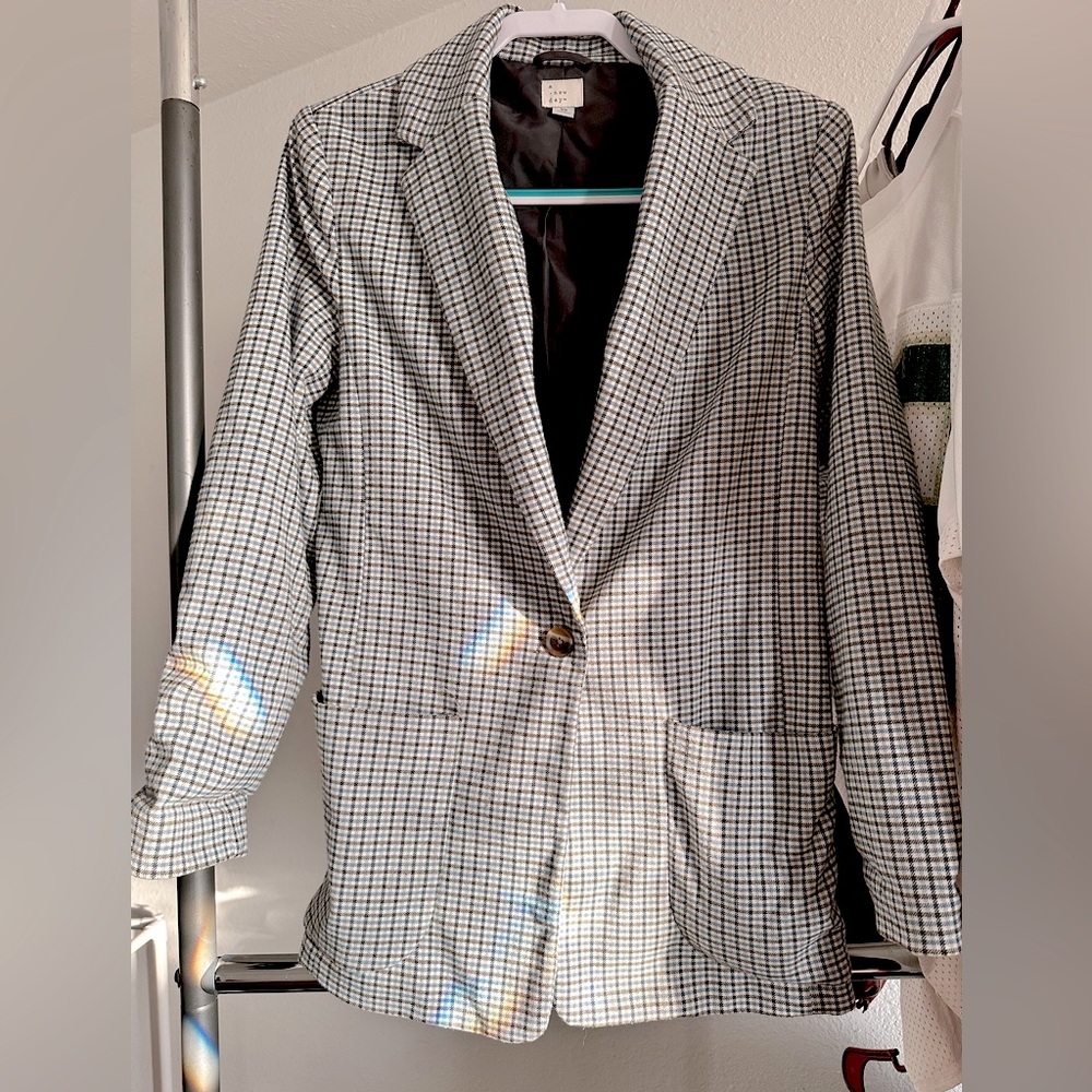 Plaid light blue, grey and white jacket. Very cute just a little too long on me